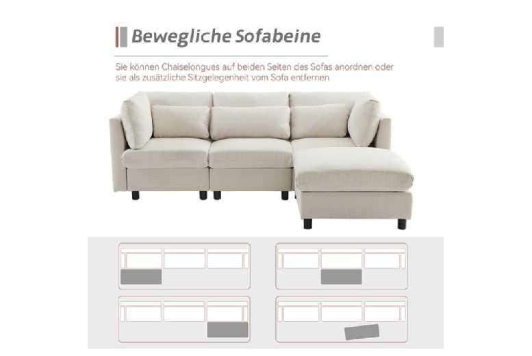 Modern Beige Fabric L-Shaped Corner Sofa With Footrest & Cushions - 3-Seater