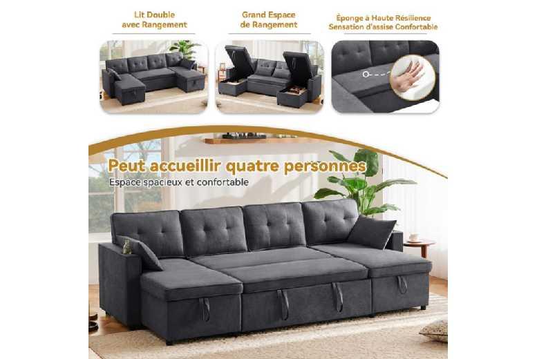 Modern Fabric U-Shaped Corner Sofa Bed With Storage, Cup Holder & Modular Design - Extra-Large 6-Seater