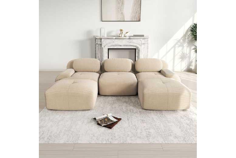 U-Shaped Corduroy 3-Seater Corner Sofa With Ottomans - Modern Fabric, Spacious Family Seating