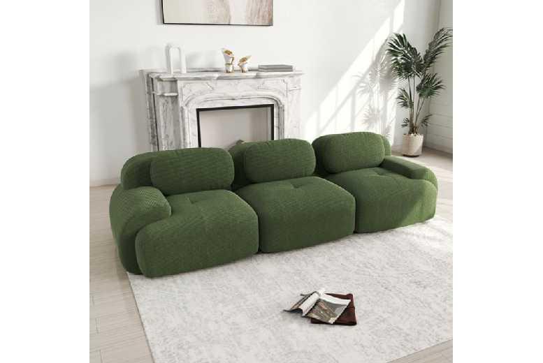 Green Corduroy Modular 3-Seater Sofa - Modern Curved Arm Fabric Corner Couch