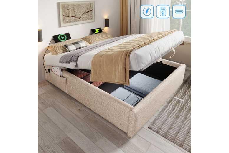 140X200Cm Upholstered Bed Frame With Hydraulic Storage And Usb Charging Ports In Beige Linen