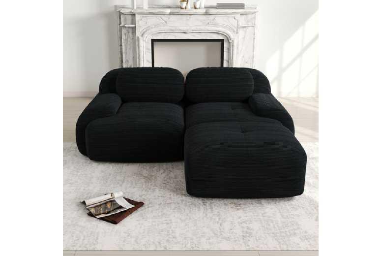 Black Corduroy 2-Seater Corner Sofa - Modern Modular Lounge Seating