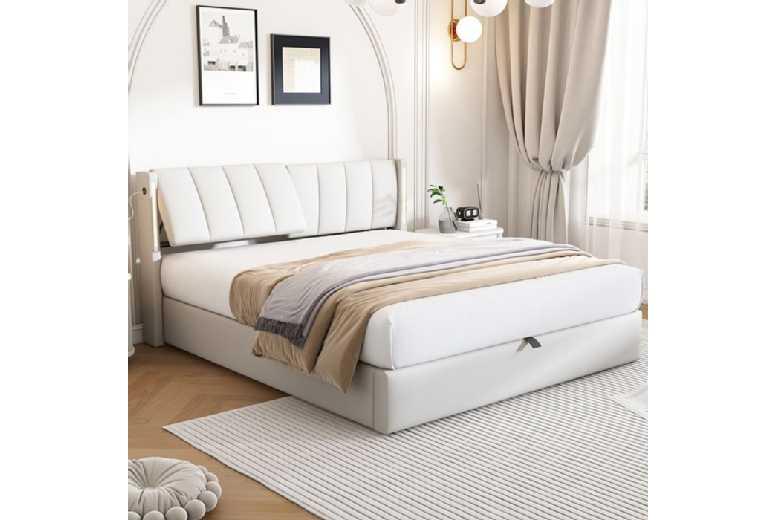 160X200Cm Faux Leather Bed With Led Lighting Usb Port And Hydraulic Storage