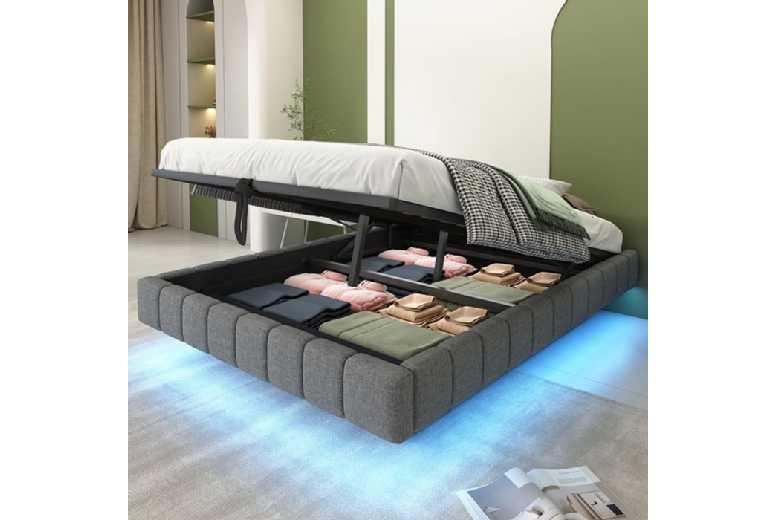 140X200Cm Grey Linen Storage Bed Frame With Led Lighting And Built-In Storage Box