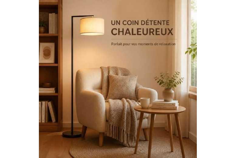 Beige Arc Floor Lamp - Scandinavian Style, Large Shade, Warm Ambient Lighting