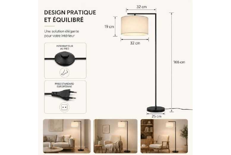 Beige Arc Floor Lamp - Scandinavian Style, Large Shade, Warm Ambient Lighting