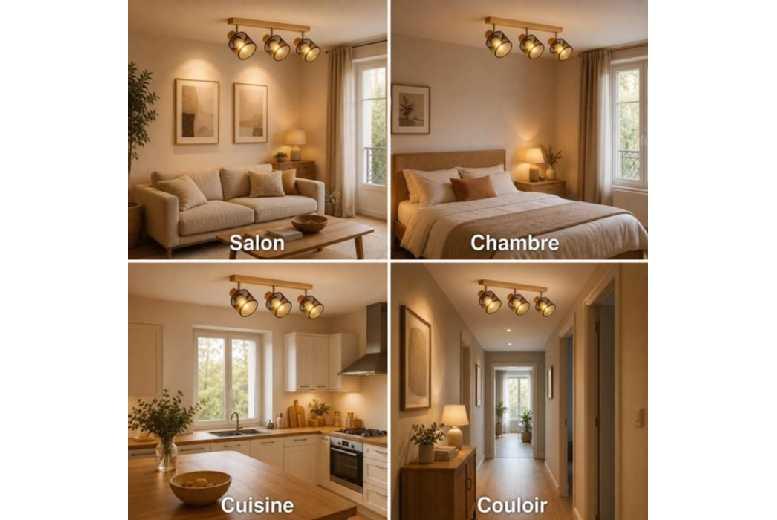 Nettlife 3 Spot Adjustable Vintage Ceiling Light - Industrial Black Metal & Wood Fixture