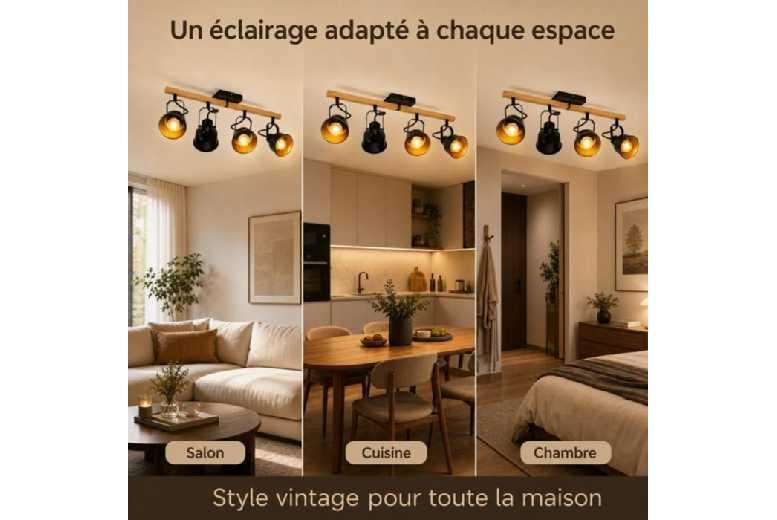 Vintage Industrial Ceiling Light With Adjustable 4-Way Spots - Wood & Black Metal, E14 Compatible