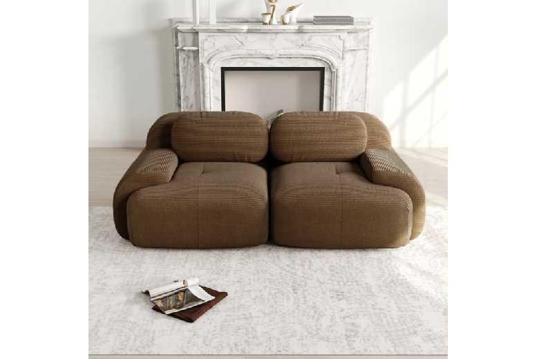 Modern Corduroy 2-Seater Sofa With Curved Arms - Compact Brown Fabric Lounge Seating