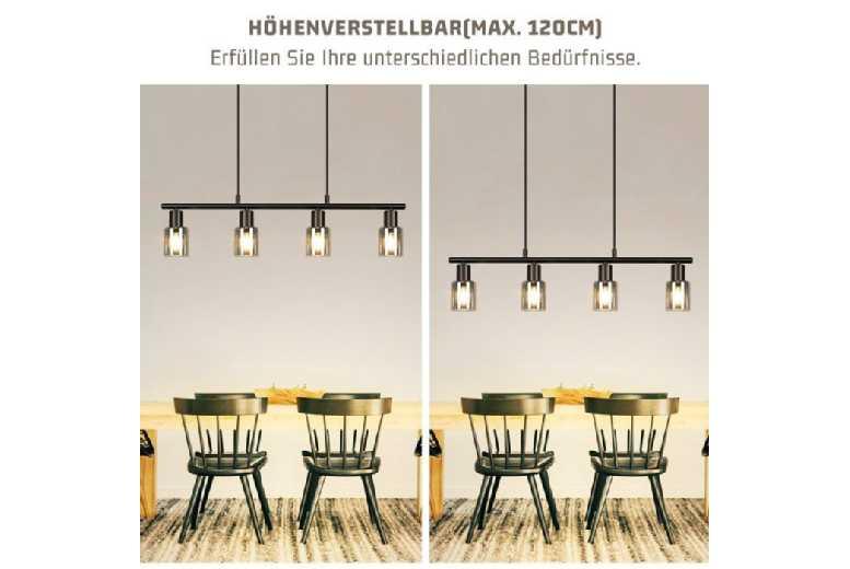 Modern 4-Light Black Pendant Lamp - Large Glass Shade, Adjustable Height, Contemporary Ceiling Lighting