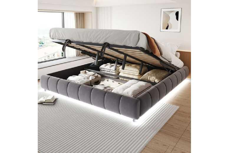 Modern Grey Velvet Bed Frame 180X200Cm With Led & Storage