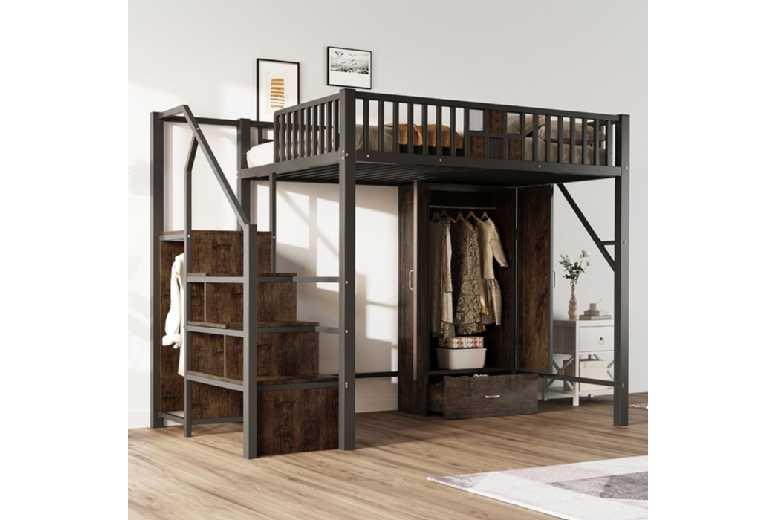 Kids Metal Loft Bed 140X200Cm With Wardrobe & Storage