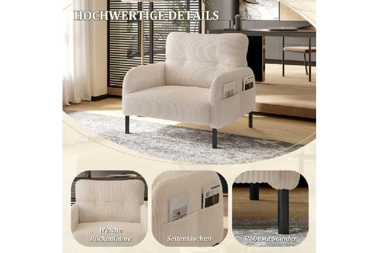 Modern Corduroy Fabric 1-Seater Sofa With Storage Pockets & Metal Legs