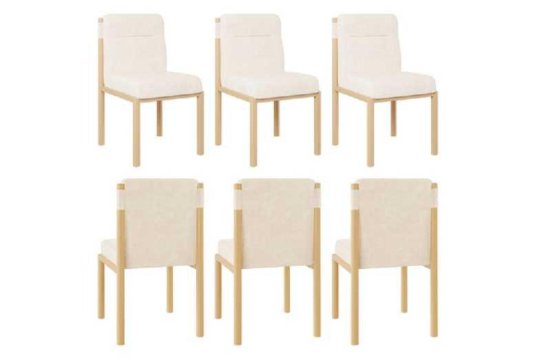 Set Of 6 Beige Sherpa Upholstered Dining Chairs With Oak Finish - Modern Padded Metal Frame, 6-Seater