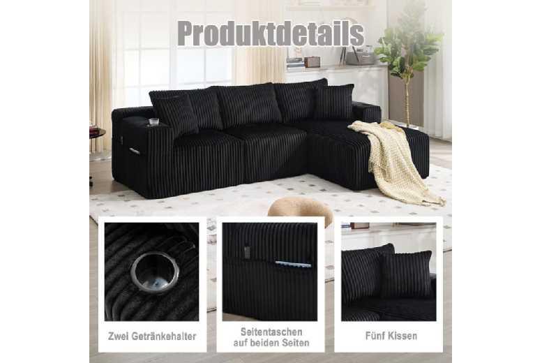 Black Corduroy Velvet L-Shaped Corner Sofa, Modern 2/3-Seater, Modular Design