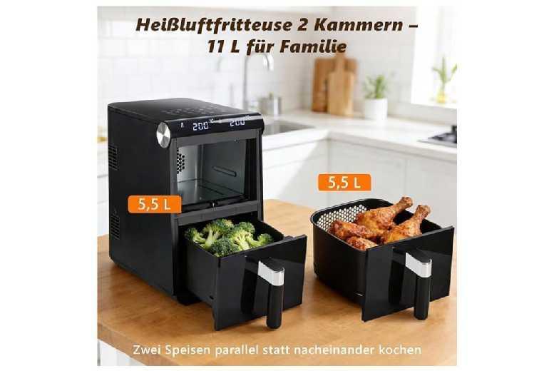 Double Cavity Air Fryer 11L - Dual Compartment, Touchscreen, Powerful 2800W, Sleek Black