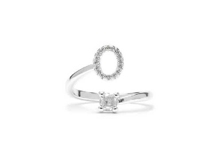 Luxenter Adjustable Rhodium-Plated Alphabet O Statement Ring With White Zirconia - Modern Silver Jewellery