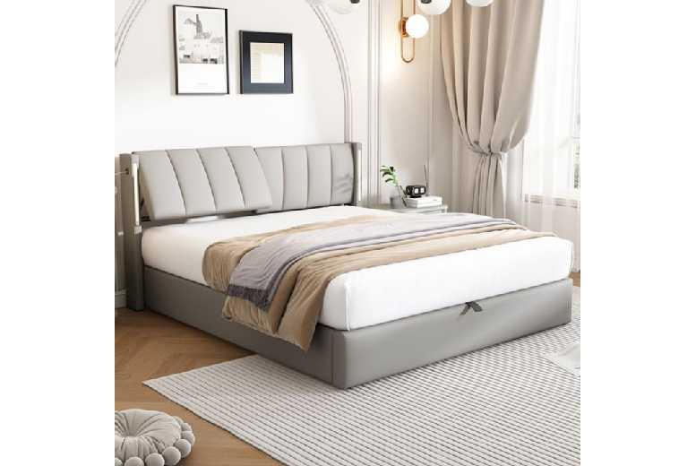 Modern Grey Bed Frame 160X200Cm With Led, Usb & Hydraulic Storage