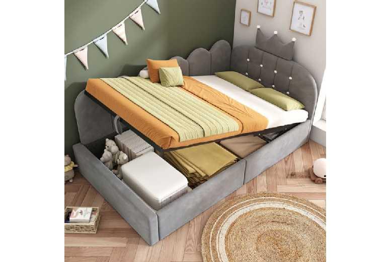Modern Grey Velvet Children'S Bed Frame With Storage & Crown Headboard