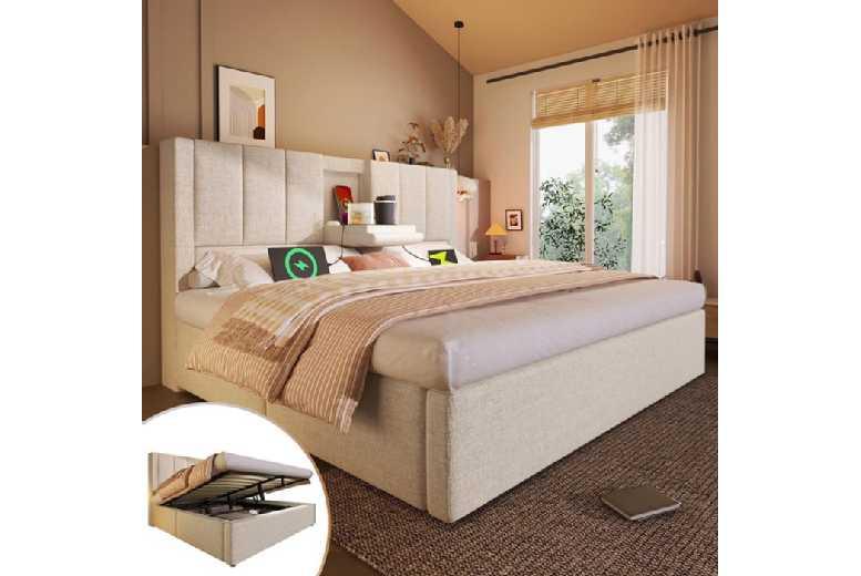 Upholstered 180X200 Linen Storage Bed With Hydraulic Lift, Cup Holder And Usb Ports In Beige