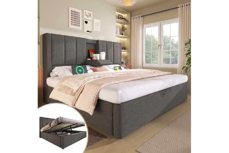 160X200Cm Grey Linen Padded Bed With Hydraulic Storage Usb Ports And Cup Holder